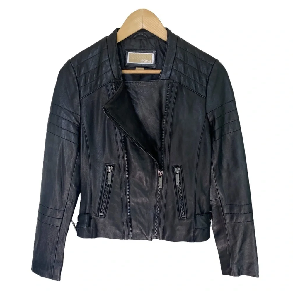 Michael Kors Womens Moto Leather Jacket Black Size Small NWD